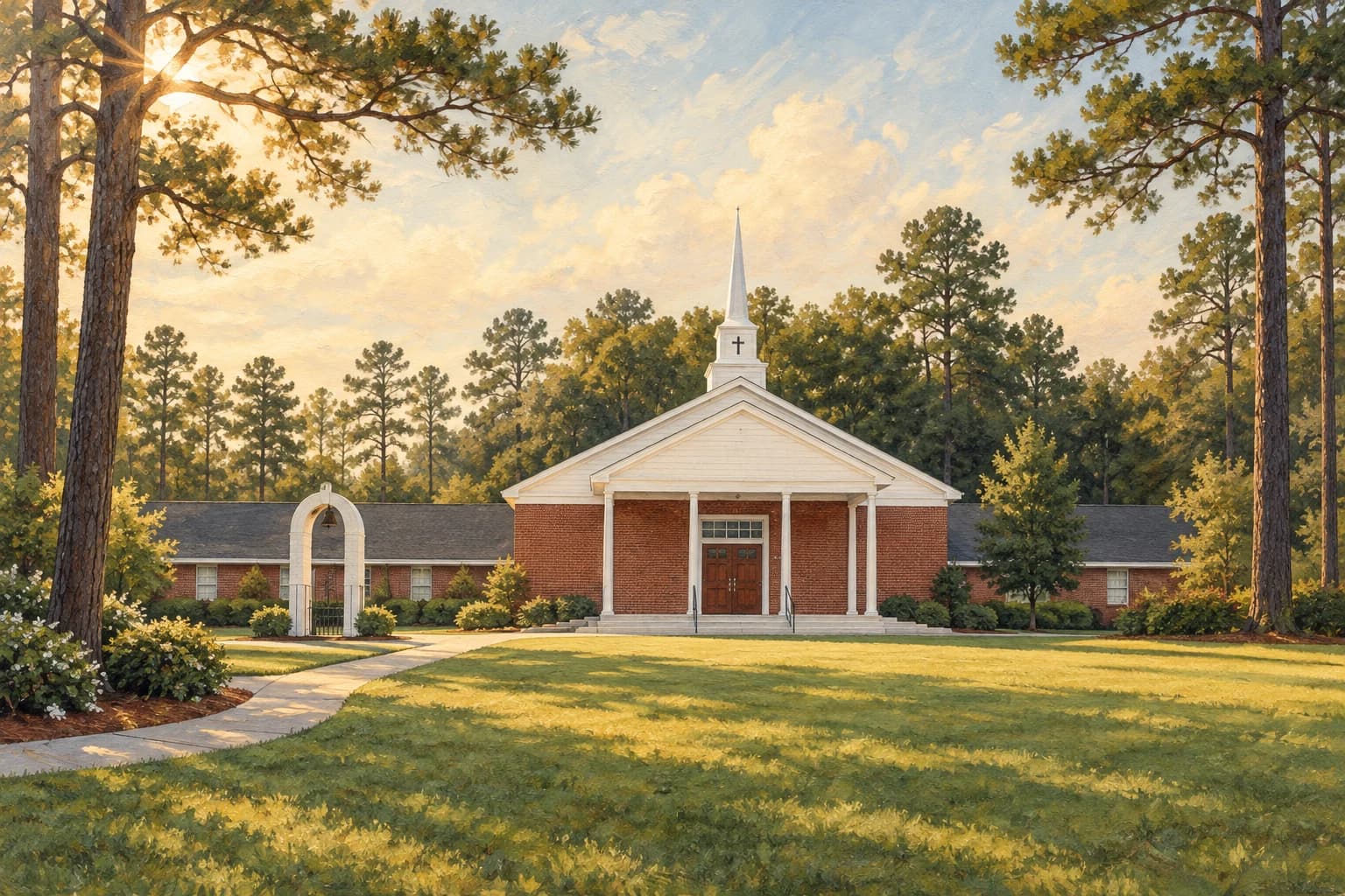 A painted illustration of Richburg’s red brick church and white steeple, framed by Mississippi pines